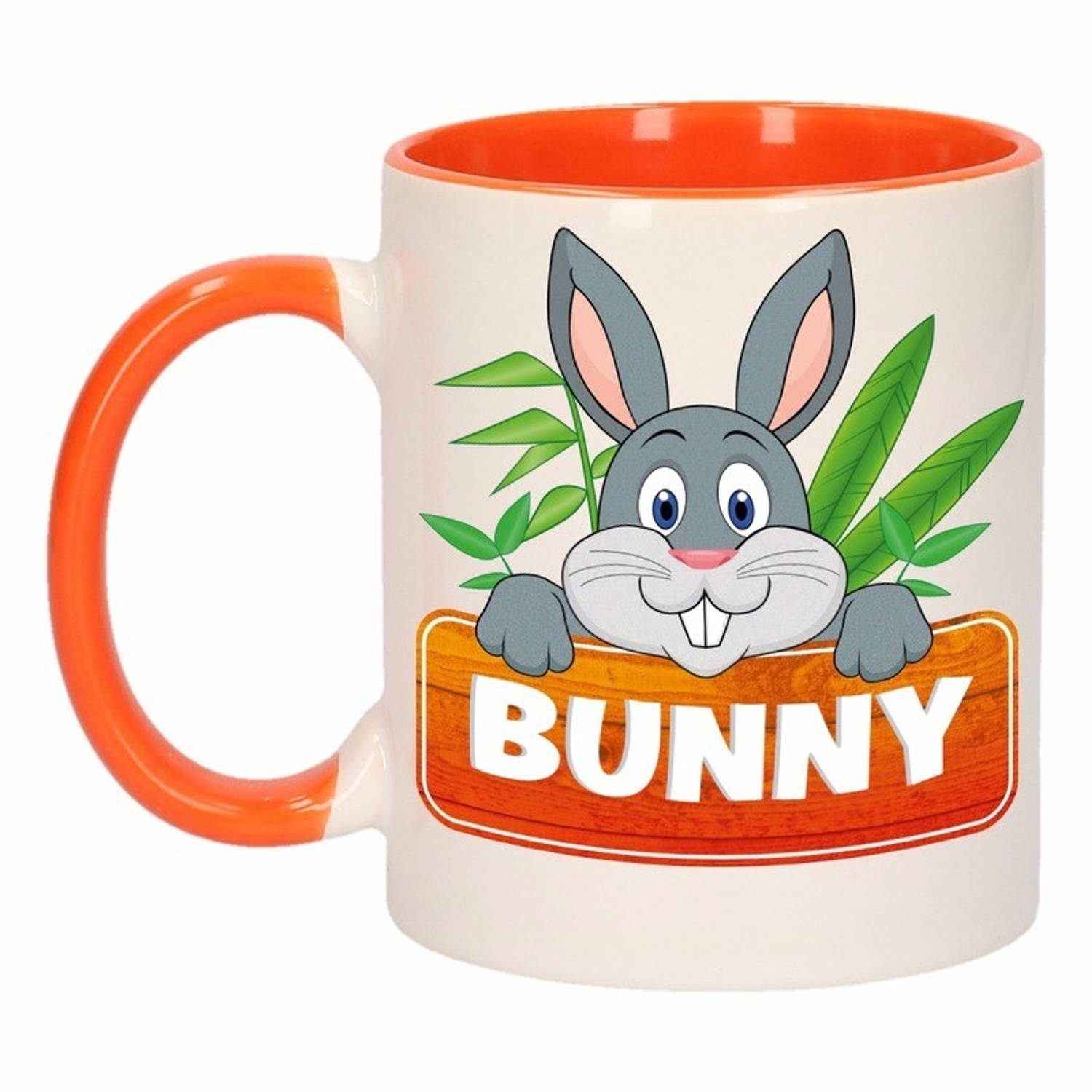1x bunny beker-mok oranje met wit 300 ml keramiek konijnen bekers