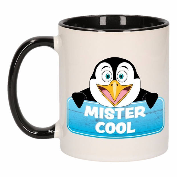 1x Mister Cool beker / mok - zwart met wit - 300 ml keramiek - pinguin bekers