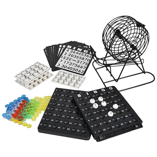 Bingo spel zwart/wit complete set 19 cm nummers 1-75 met molen en bingokaarten - Kansspelen