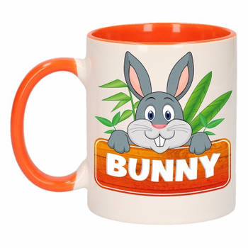 1x Bunny beker / mok - oranje met wit - 300 ml keramiek - konijnen bekers
