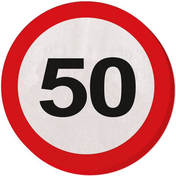 60x Vijftig/50 jaar feest servetten verkeersbord 33 cm rond verjaardag/jubileum - Feestservetten