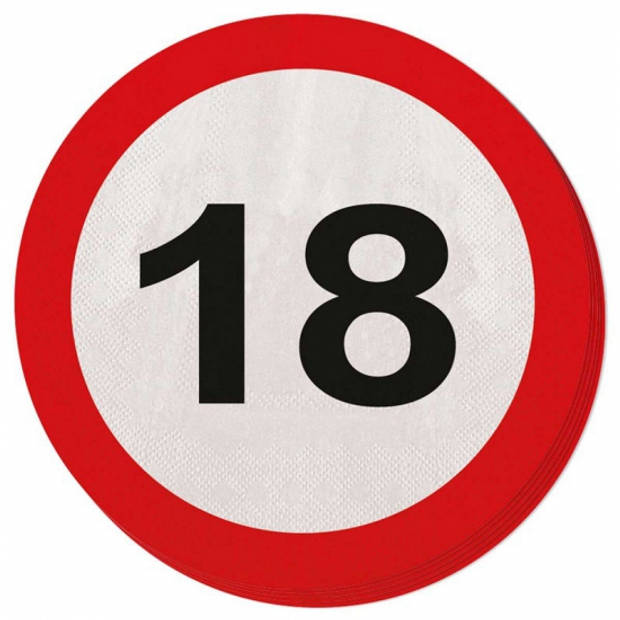 40x Achttien/18 jaar feest servetten verkeersbord 33 cm rond verjaardag/jubileum - Feestservetten
