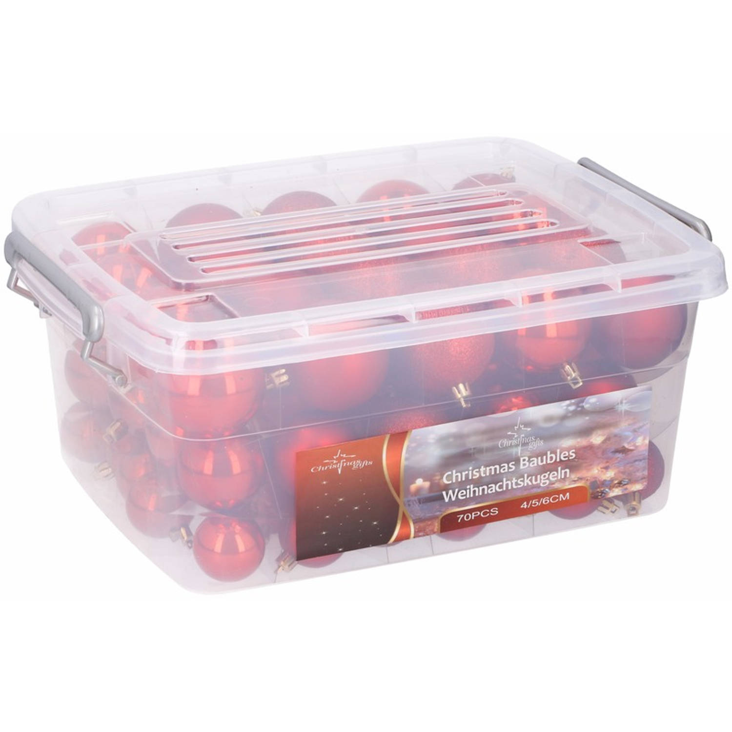 Kerstballen box assorti rood 70 stuks voordelige, kunststof kerstballen