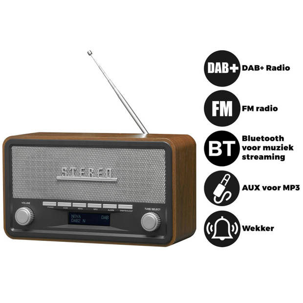 Denver DAB Radio met Bluetooth - Digitale Radio – Retro Radio – DAB+ / FM Radio - DAB18 – Hout