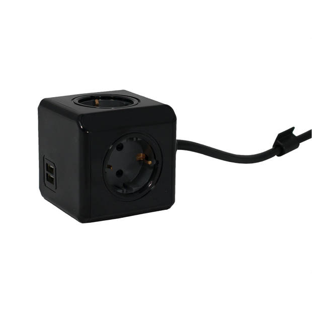 Black powercube extended duo usb - 3m kabel - 4 stopcontacten met 2x usb lader - zwart