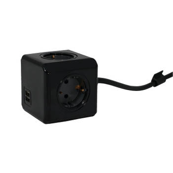 Black powercube extended duo usb - 3m kabel - 4 stopcontacten met 2x usb lader - zwart