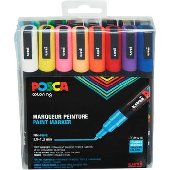 Uni posca stiften standard colors pc3m 0.9-1.3 mm lijn 16 stuks
