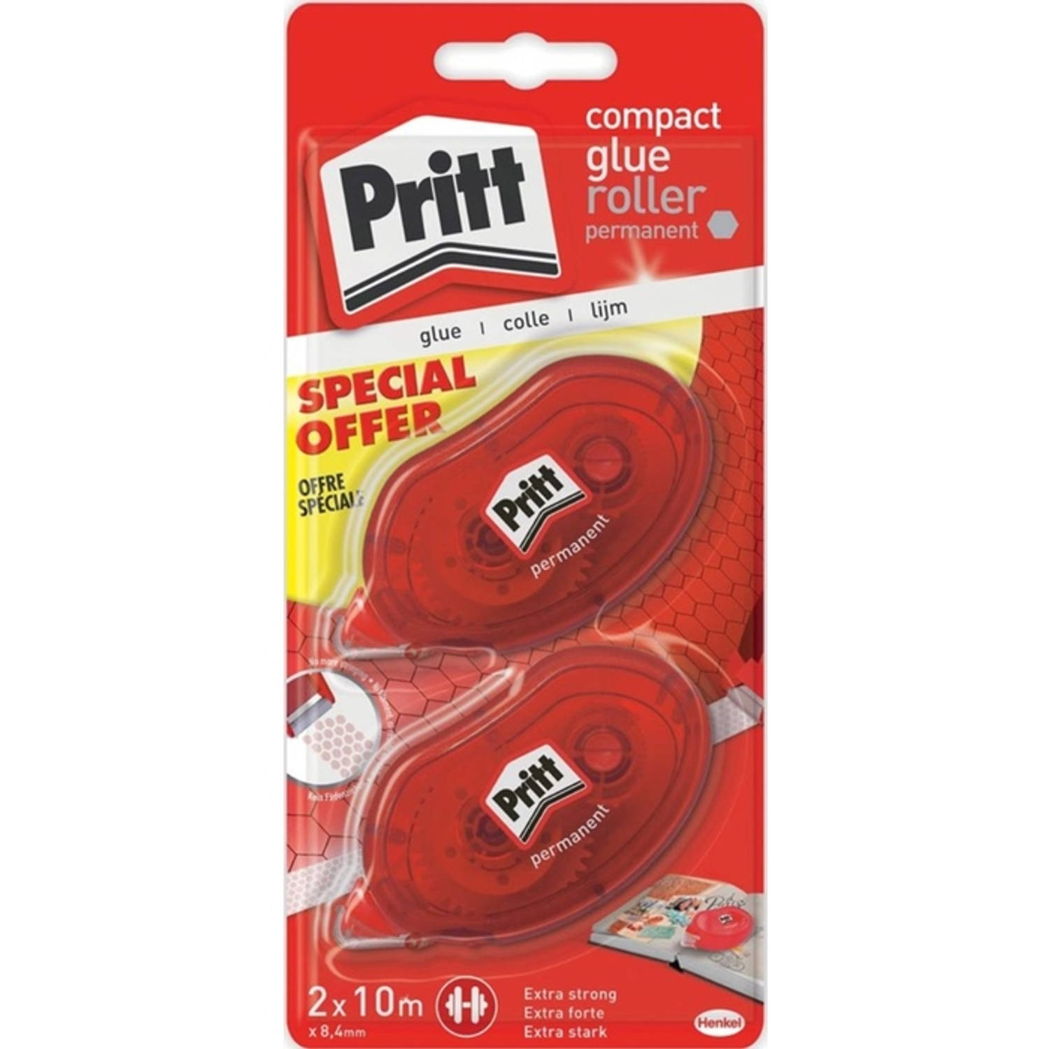 Pritt lijmroller compact permanent, blister met 2 stuks, 2de aan halve prijs