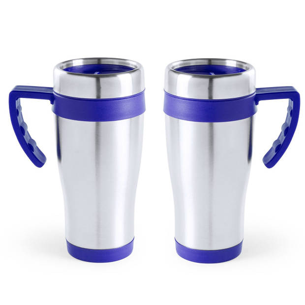 2x stuks rVS thermosbeker/warm houd koffiebeker blauw 500 ml - Thermosbeker