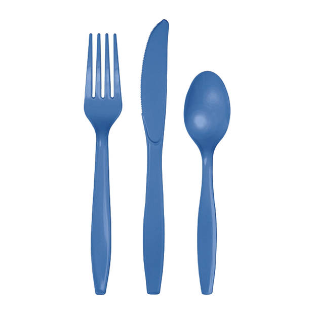 Kunststof bestek party/bbq setje - 24x delig - blauw - messen/vorken/lepels - herbruikbaar - Feestbestek