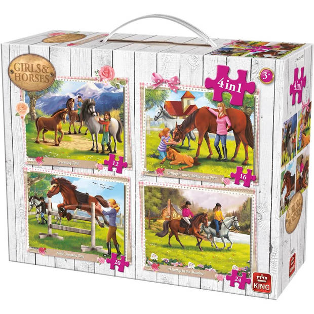 King puzzel 4-in-1 girls & horses - 12 + 16 + 20 + 24 stukjes