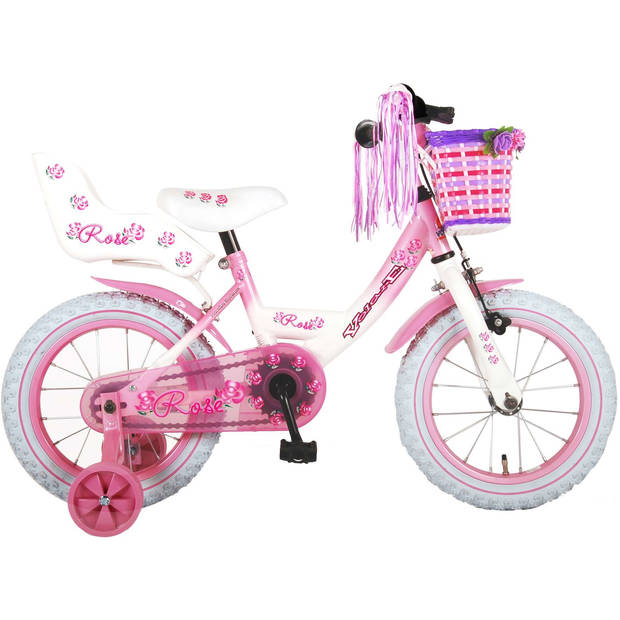 Volare Meisjesfiets Rose 14 Inch 23,5 cm Meisjes Terugtraprem Wit/Roze