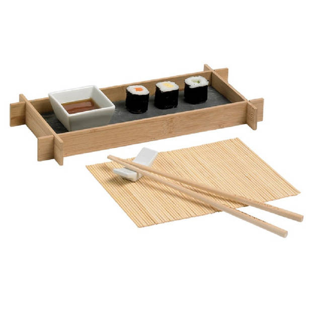 2x stuks bamboe sushi serveerset voor 1 persoon 6-delig - Serveerschalen