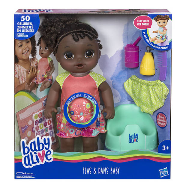 Baby Alive plas en dans babypop - zwart krullend haar