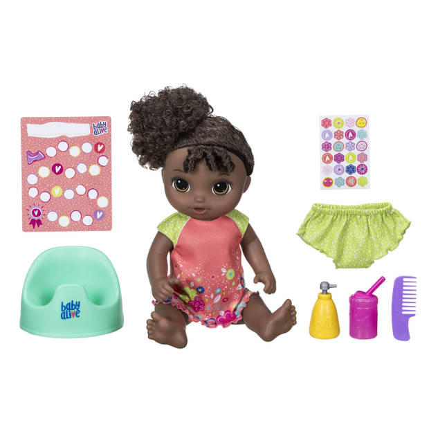 Baby Alive plas en dans babypop - zwart krullend haar