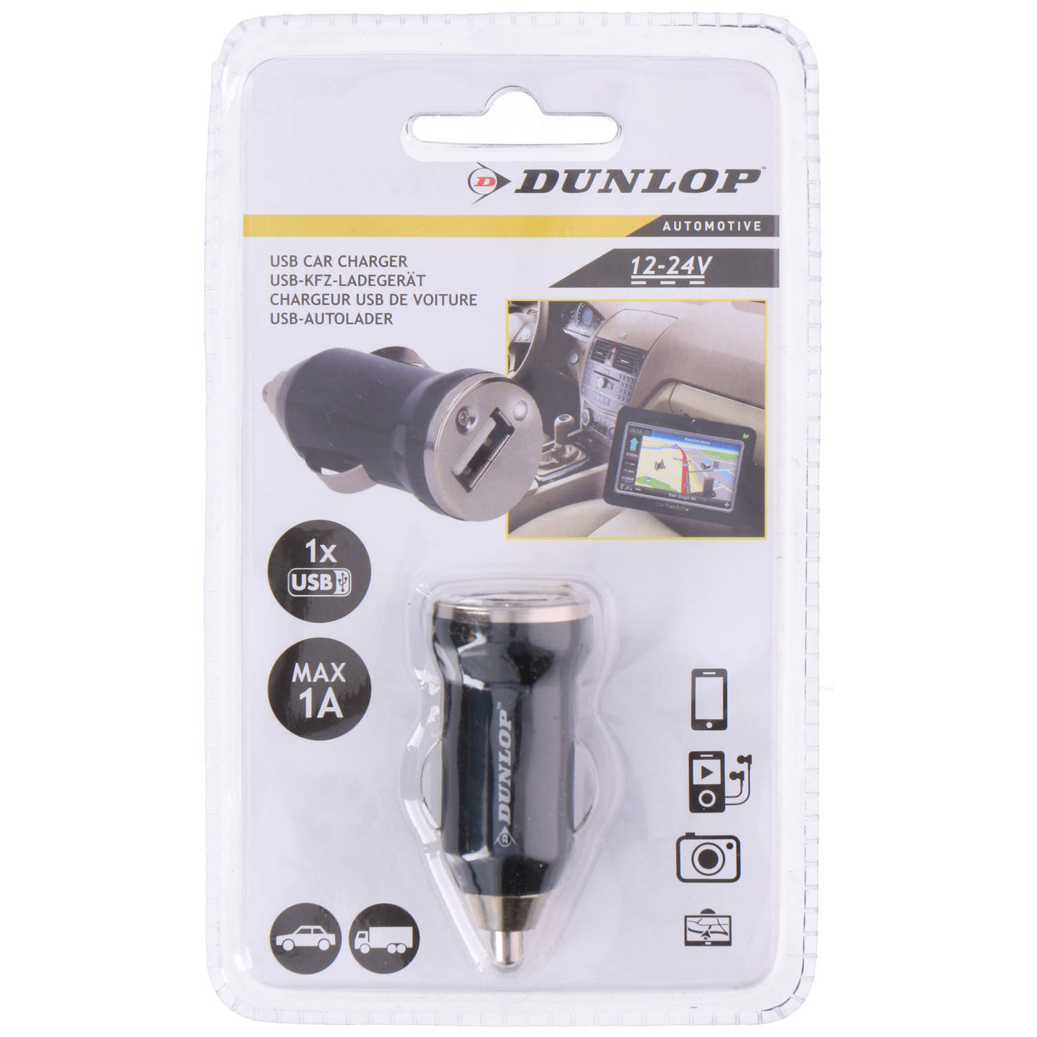 lading oor Talloos Dunlop autolader USB 12/24 Volt 1 Ampère zwart | Blokker
