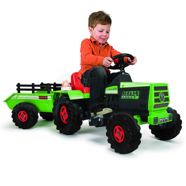 Injusa accuvoertuig tractor met aanhanger 6V 140 cm groen