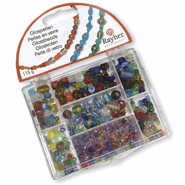 Gekleurde glazen kralen in opbergbox/sorteerbox 12 x 8 cm - Kralenbak
