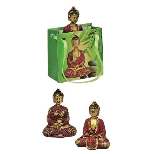 Decoratie boeddha beeld in kadotasje rood/goud 5,5 cm - Beeldjes