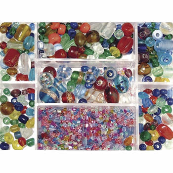 Gekleurde glazen kralen in opbergbox/sorteerbox 12 x 8 cm - Kralenbak