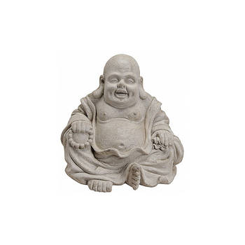 Happy boeddha beeldje - kunststeen - lichtgrijs - 32 x 35 cm - binnen/buiten - Beeldjes