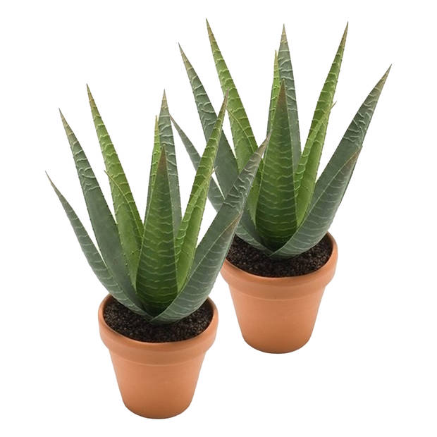 Kunstplant Aloe Vera - 2x - groen - in terracotta pot - 23 cm - Kunstplanten