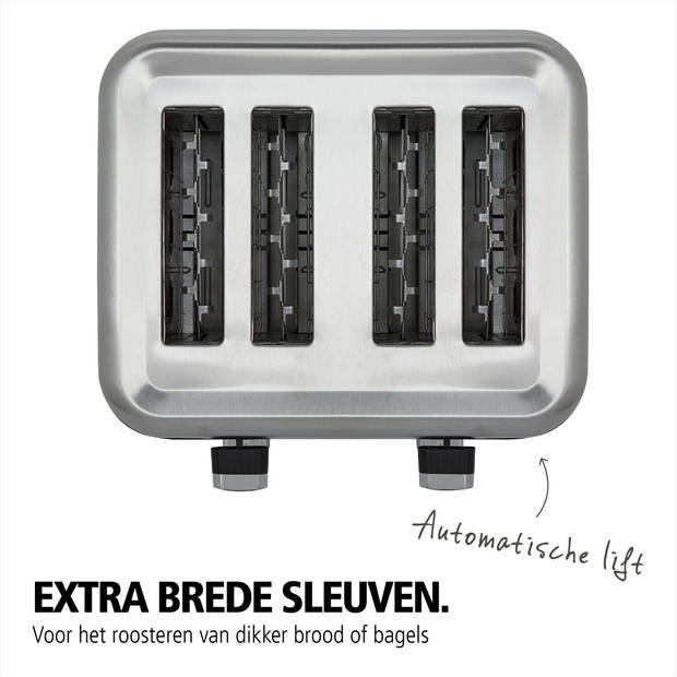 Brabantia BBEK1031NMB Broodrooster - 4 Extra Brede Sleuven - RVS - Aluminium - 1800 Watt - Zwart