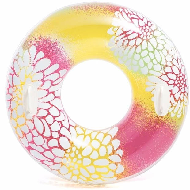 Opblaasbare roze/gele bloemen zwemband/zwemring 97 cm - Zwembanden