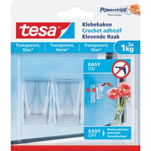 Tesa Klevende haak voor Transparant en Glas, draagvermogen 1 kg, blister van 2 stuks