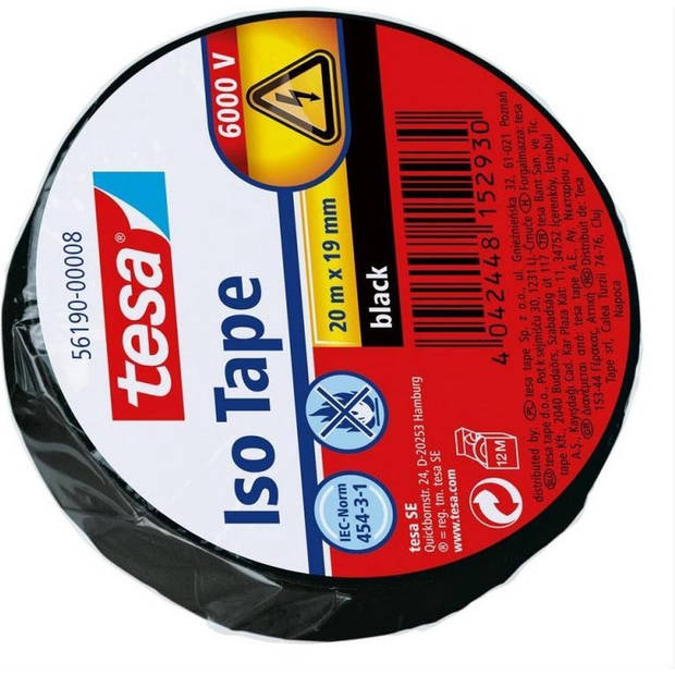 1x Tesa isolatie tape op rol zwart 20 mtr x 1,9 cm - Tape (klussen)