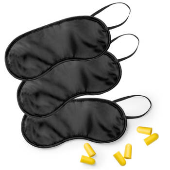 3x Travel set zwart maskers met oordoppen - Slaapmaskers