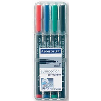 Staedtler OHP-marker Lumocolor Permanent geassorteerde kleuren, box met 4 stuks, fijn 0,6 mm