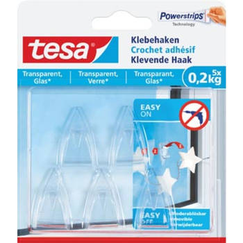 Tesa klevende Haak voor Transparant en Glas, draagvermogen 200 g, blister van 5 stuks