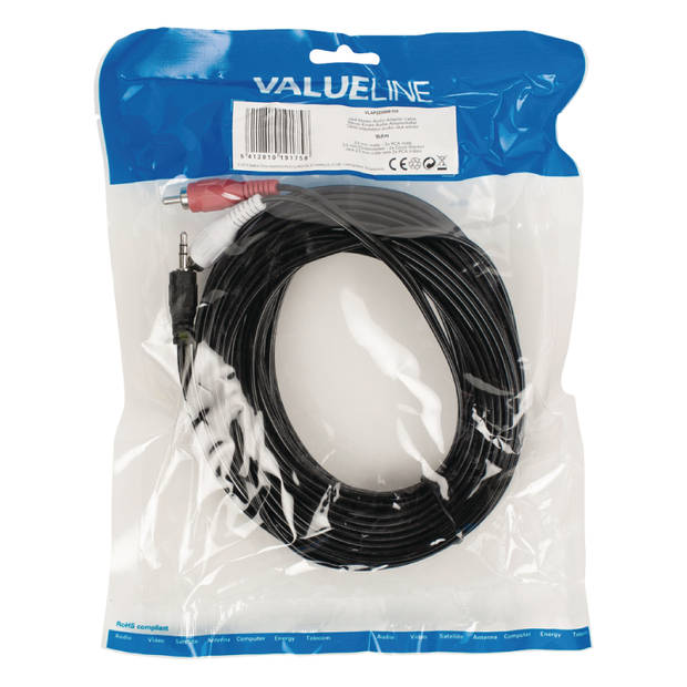 Valueline 15 meter audio AUX kabel 3.5mm jack male naar 2x RCA / TULP male
