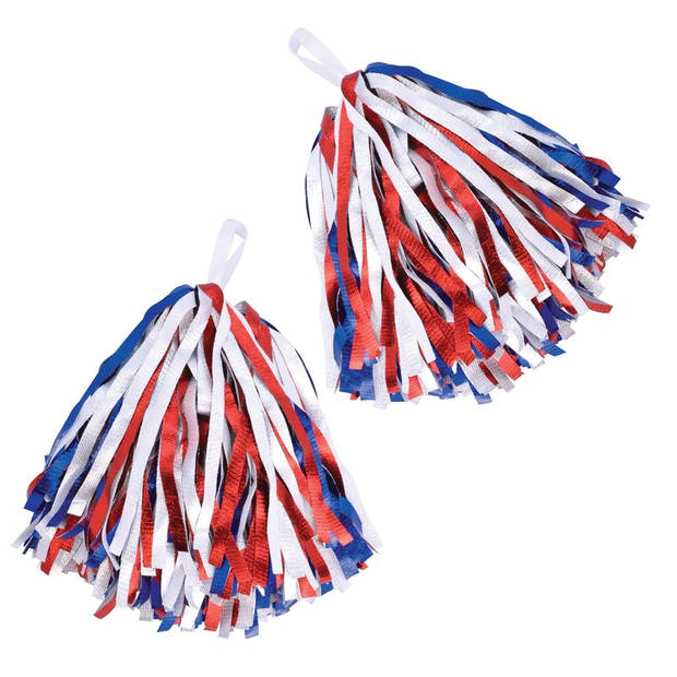 2x stuks Cheerballs/Pompoms in het rood/wit/blauw - Verkleedattributen