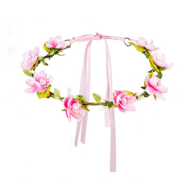 Carnaval/festival hippie flower power hoofdband met roze bloemen - Verkleedhaardecoratie