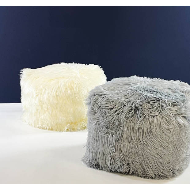 Dutch Decor - SHEEP - Vierkante fluffy poef ivoor 40x40x40 cm - wit