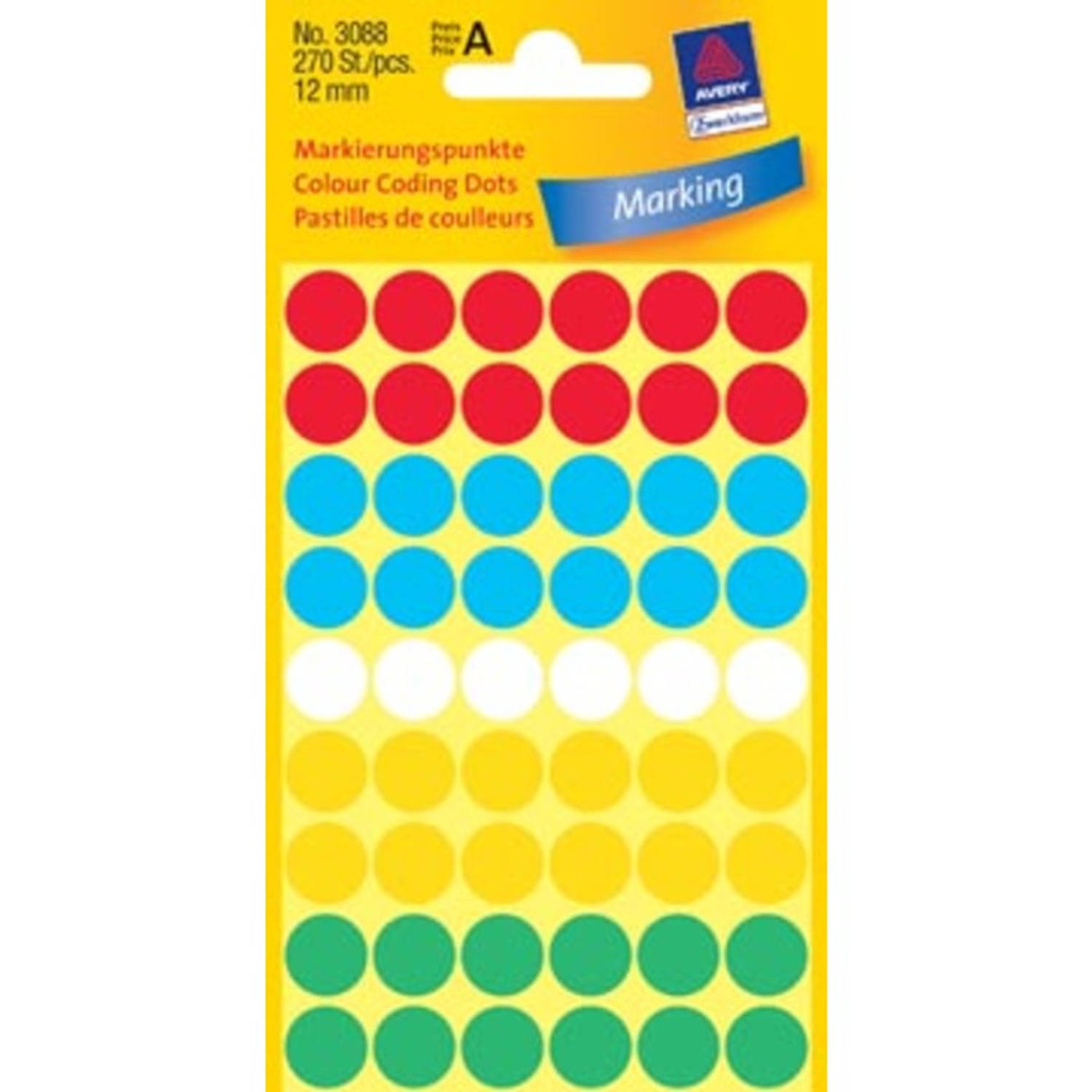 Avery Ronde etiketten diameter 12 mm, geassorteerde kleuren, 270 stuks