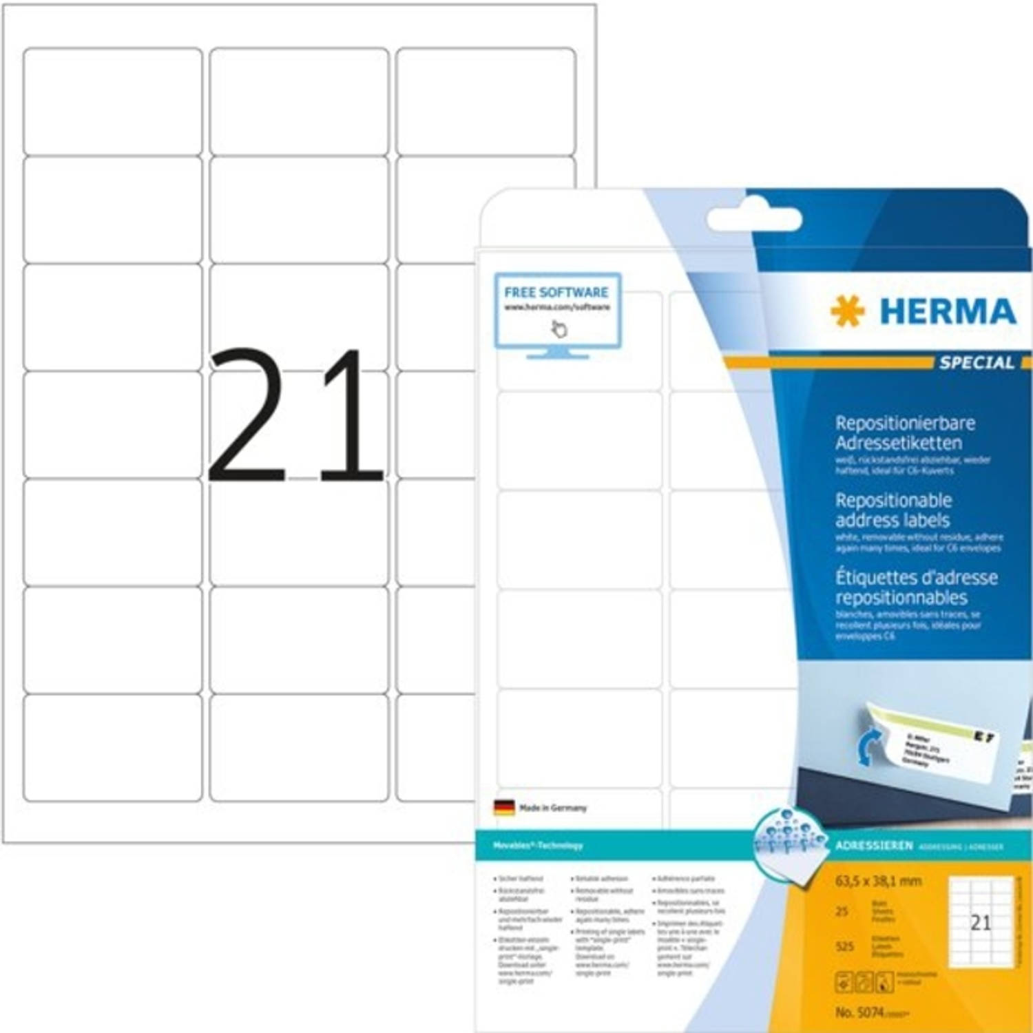 Etiket Herma 5074 63.5x38.1mm verwijderbaar wit 525stuks