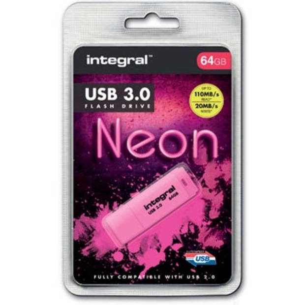 Integral Neon USB 3.0 stick, 64 GB, roze