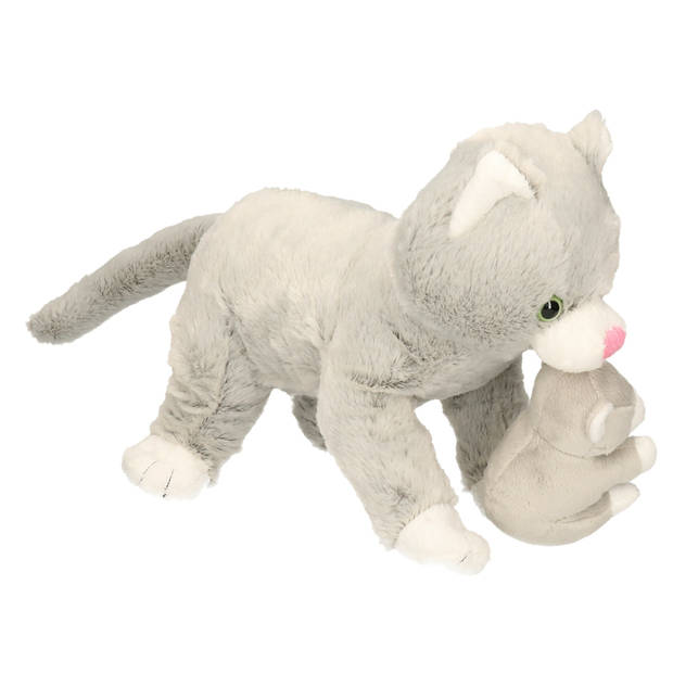 Pluche kat/poes met baby knuffeltje 32 cm - Knuffel huisdieren