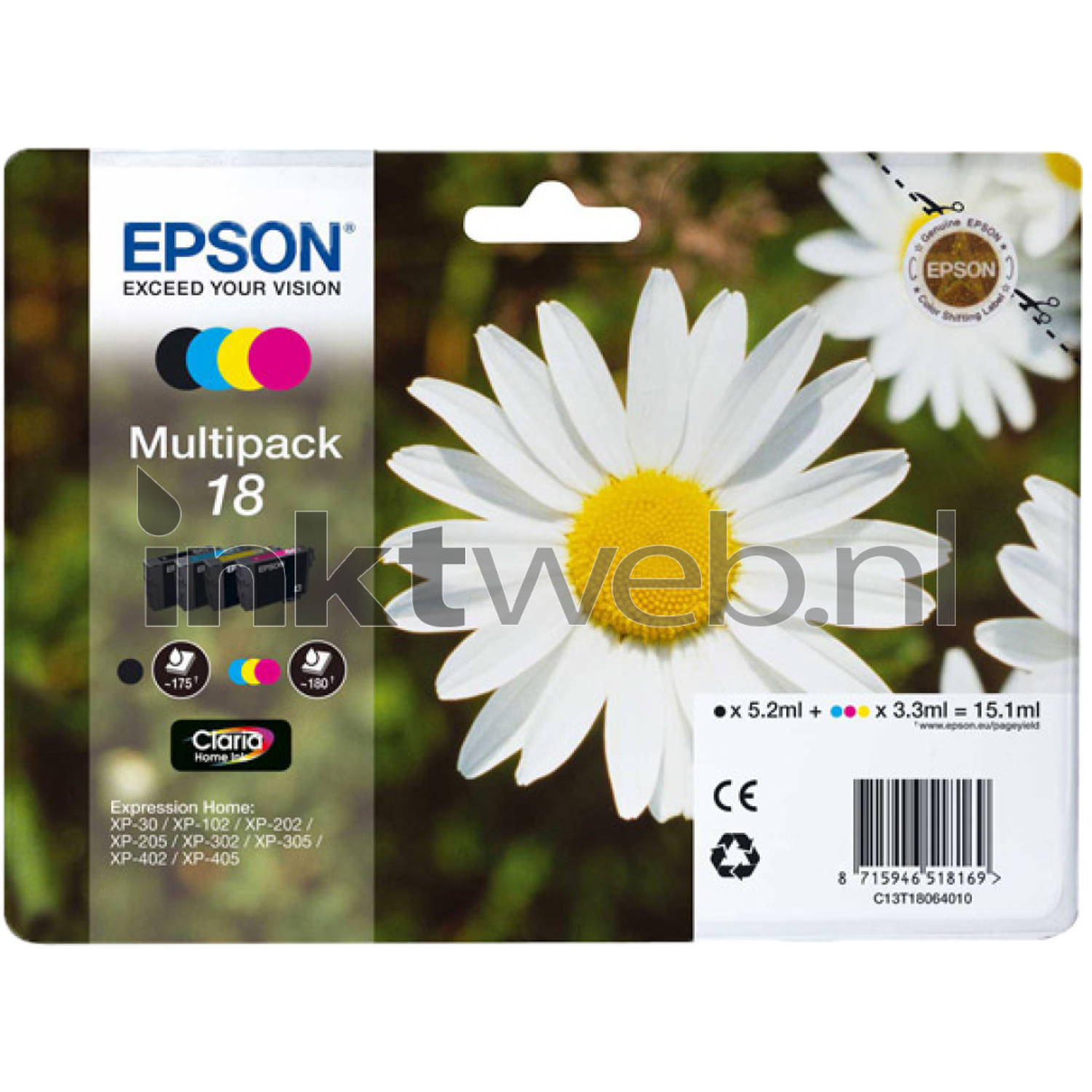 Epson C13T18064012 3.3ml 5.2ml 175pagina's 180pagina's Zwart, Cyaan, Geel inktcartridge