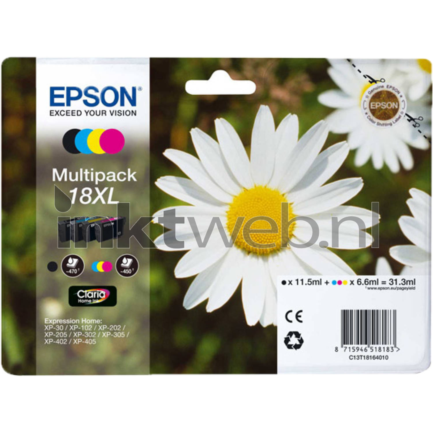Epson C13T18164012 6.6ml 11.5ml 470pagina's 450pagina's Zwart, Cyaan, Geel inktcartridge