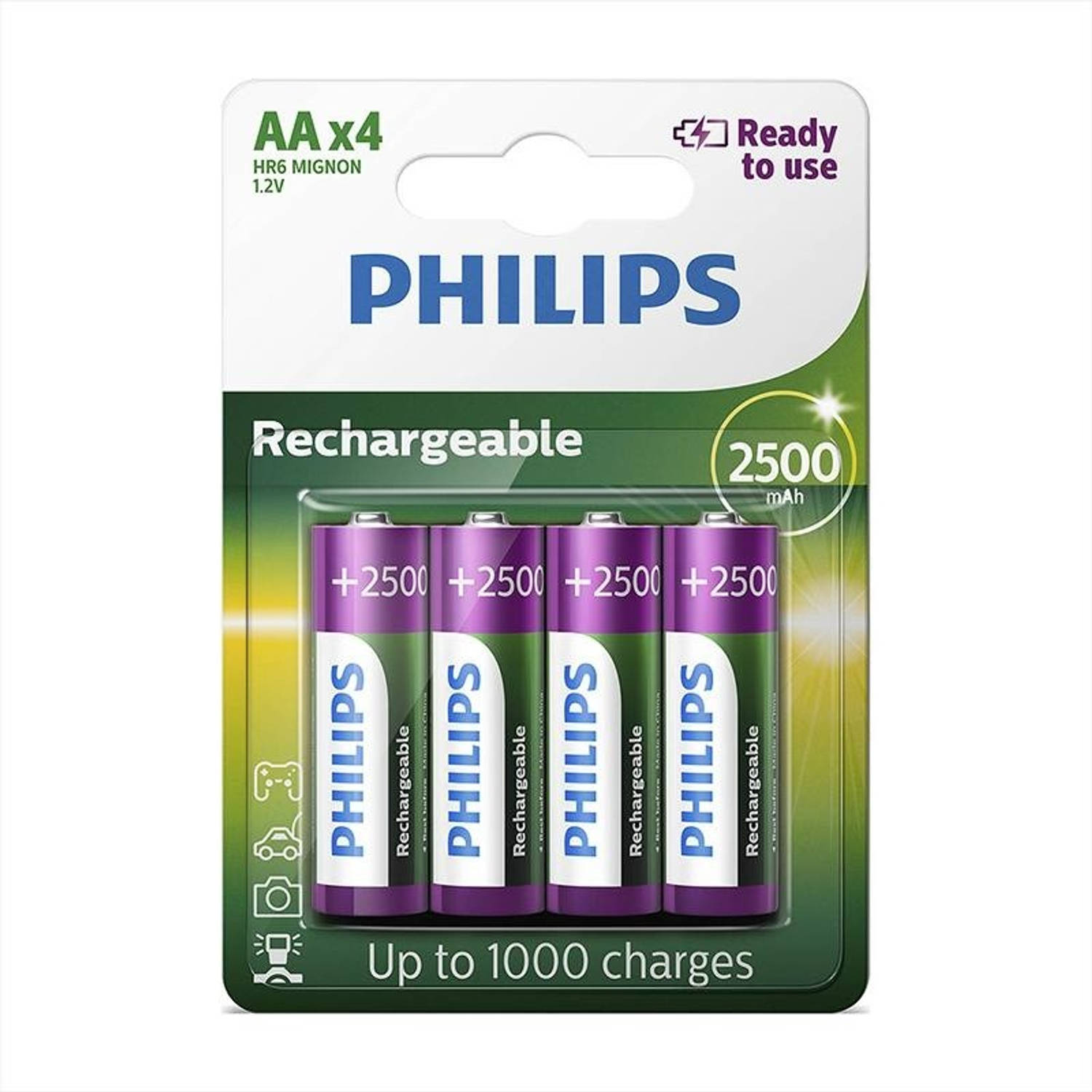 Philips Rechargeables Battery AA, 2500mAh Nickel-Metal Hydride 4-blister (R6B4RTU25-10)