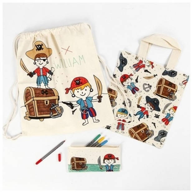 Kleurset boodschappentasje piraten met stiften - Hobbypakket