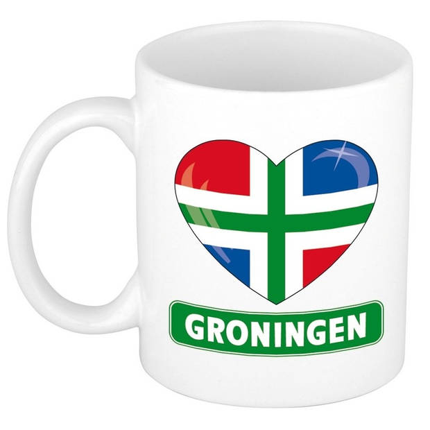 Hartje vlag Groningen mok / beker - wit - 300 ml - keramiek - feest mokken