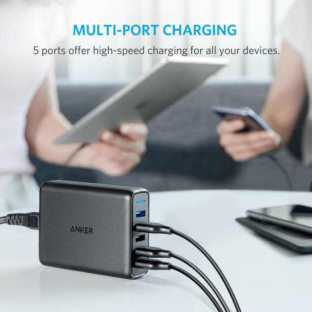 Anker PowerPort Speed 5 poorts USB desktop lader, met Quick Charge 3.0