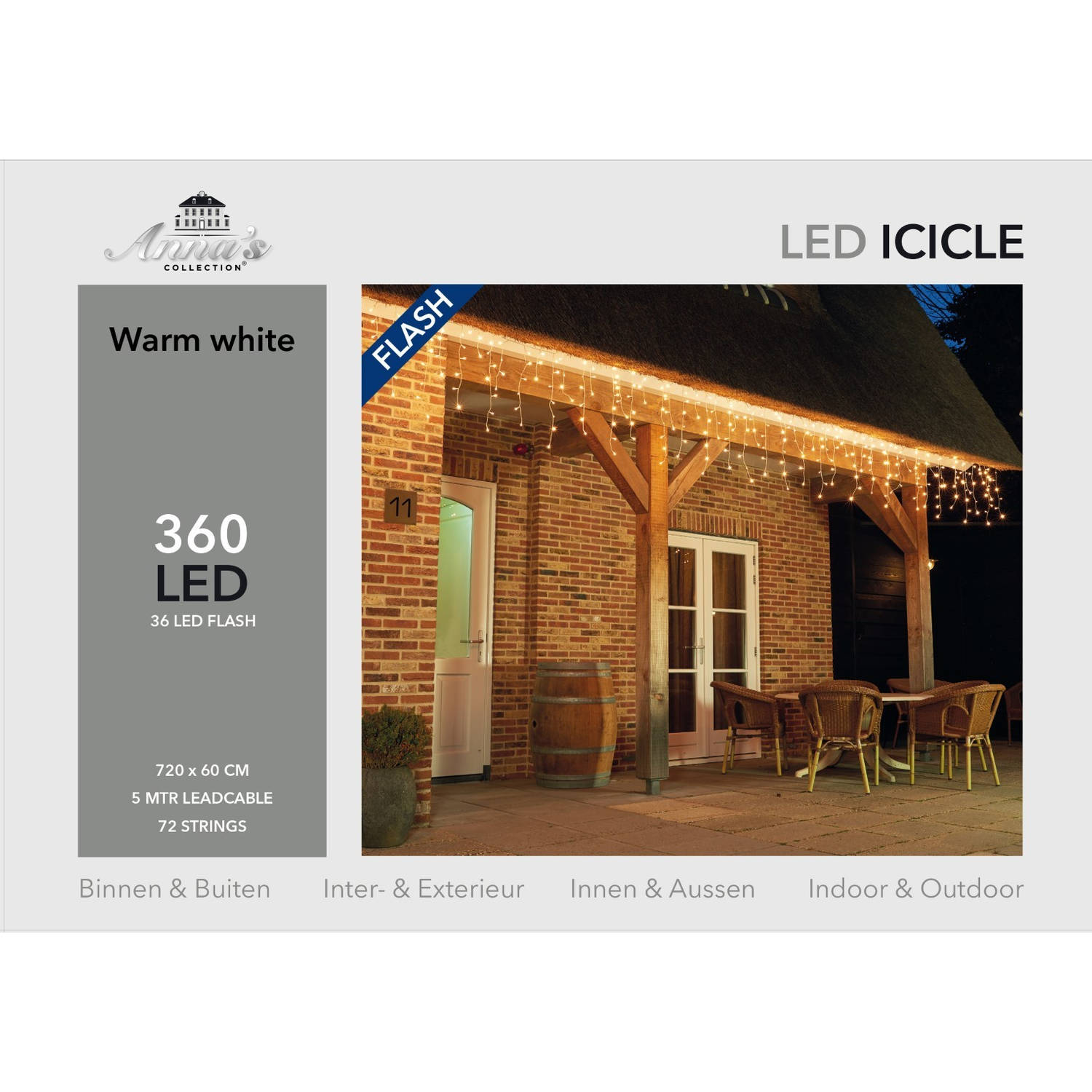 Icicle lights 360l/720x60cm 36l flash led warm wit - 5m aanloopsnoer transparant - 31v/ip44 Anna's collection