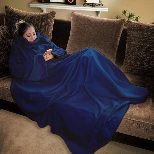 Snuggie Rug - Blauw - Fleece Deken met Mouwen - Hoodie Deken - 140 x 185 cm - Warmte Deken voor Volwassen en Kinderen -
