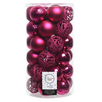Fuchsia roze kerstversiering kerstballenset kunststof 6 cm 36x